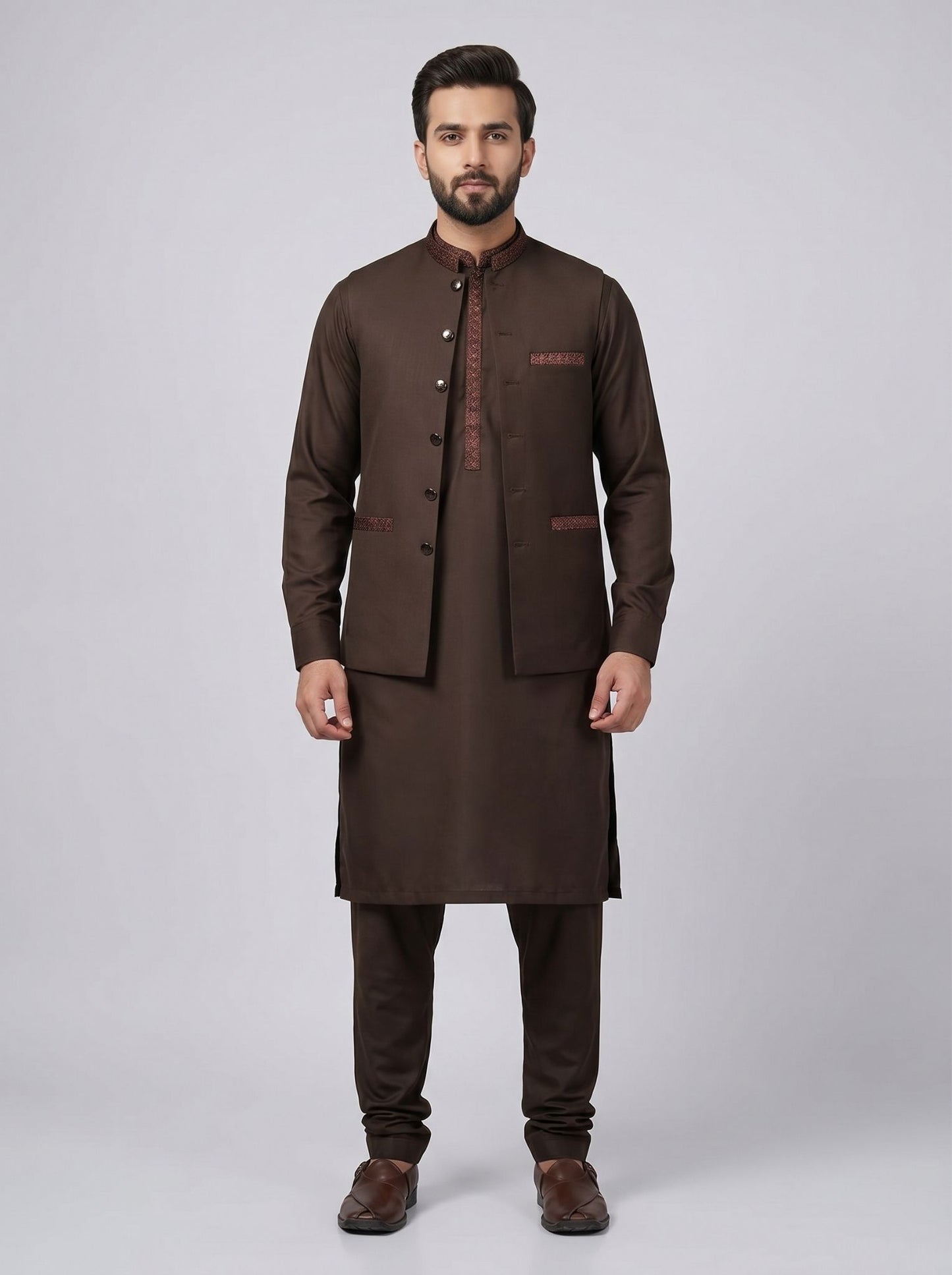 Wash and Wear Qameez Shalwar with matching waist coat.