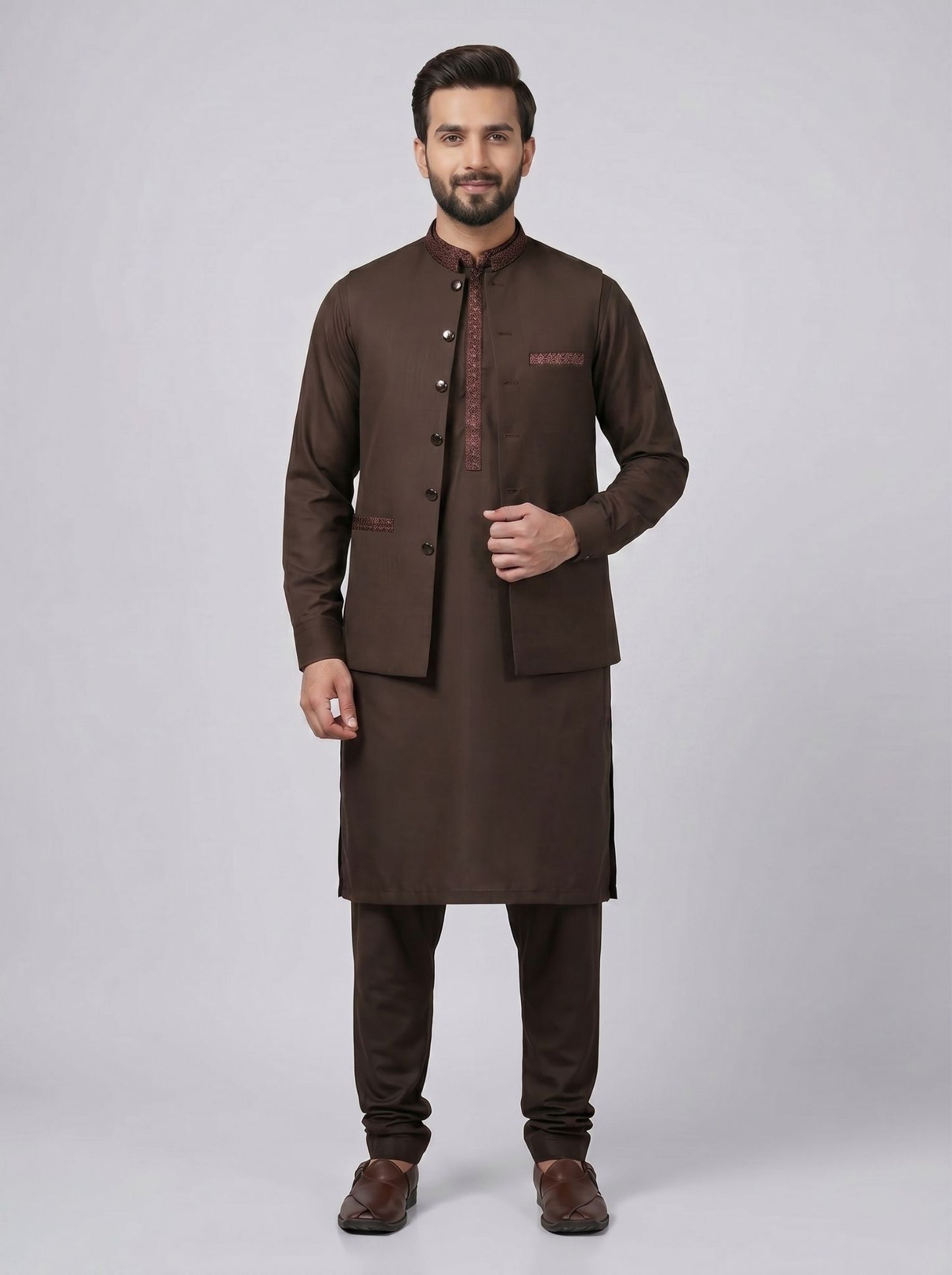 Wash and Wear Qameez Shalwar with matching waist coat.