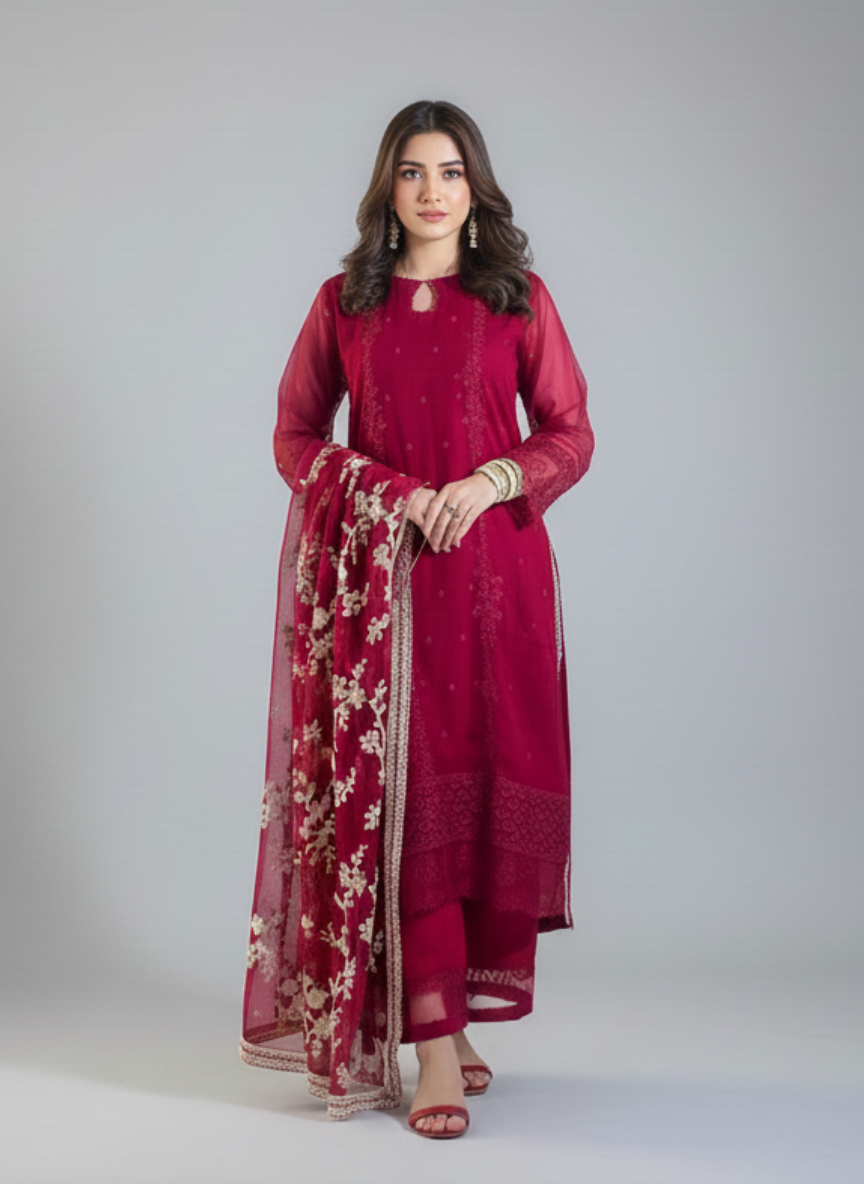 3 pc crinkle chiffon embroidery dress