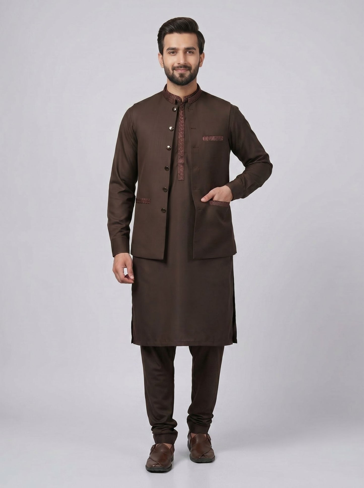 Wash and Wear Qameez Shalwar with matching waist coat.