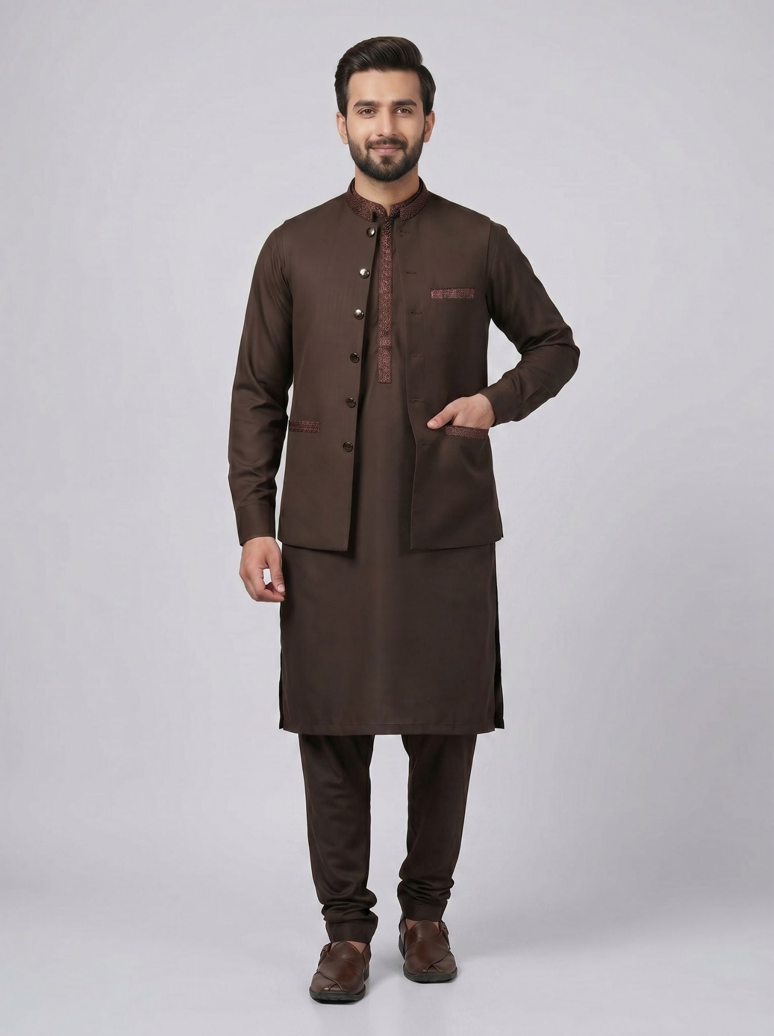 Wash and Wear Qameez Shalwar with matching waist coat.