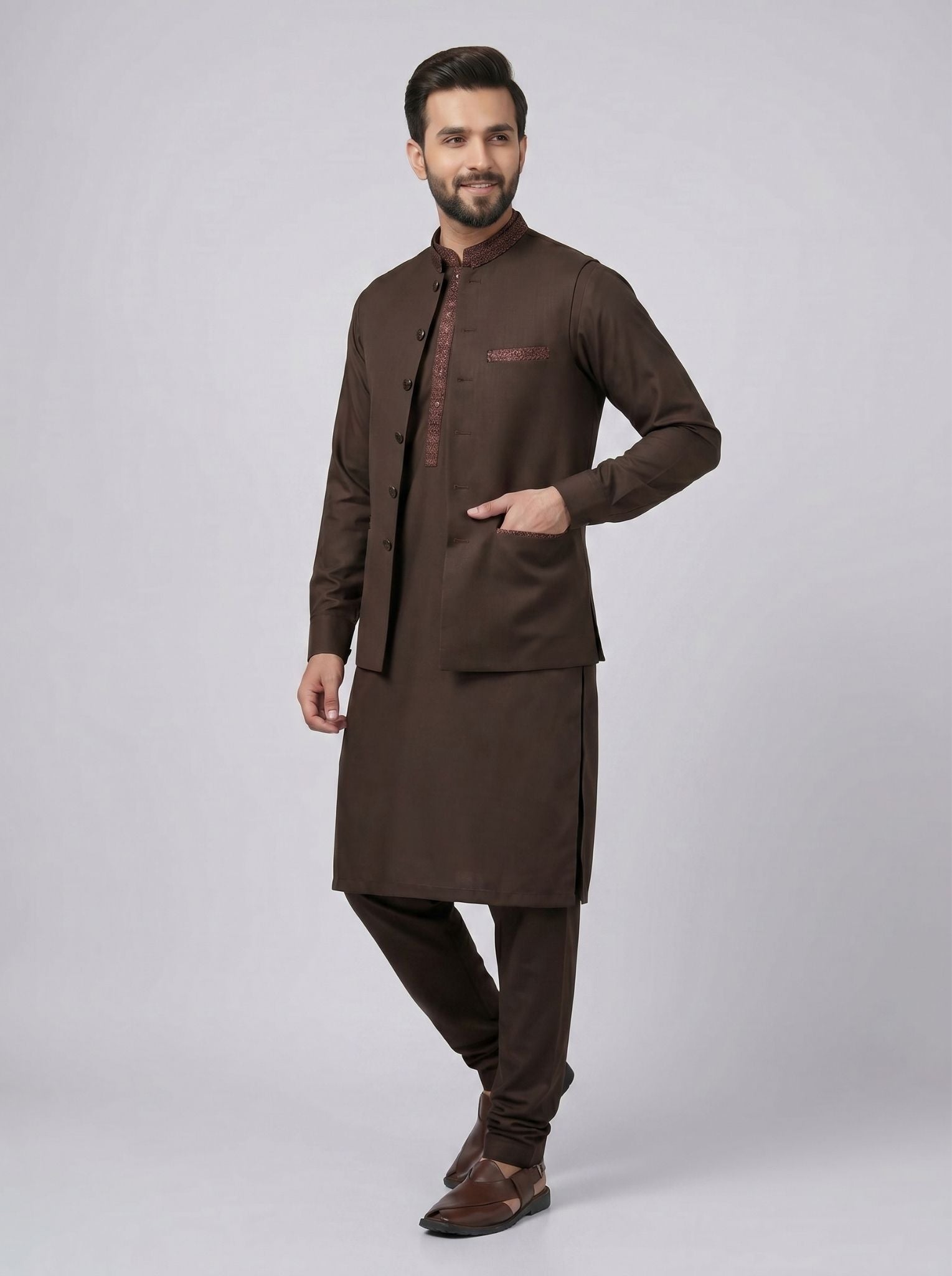 Wash and Wear Qameez Shalwar with matching waist coat.