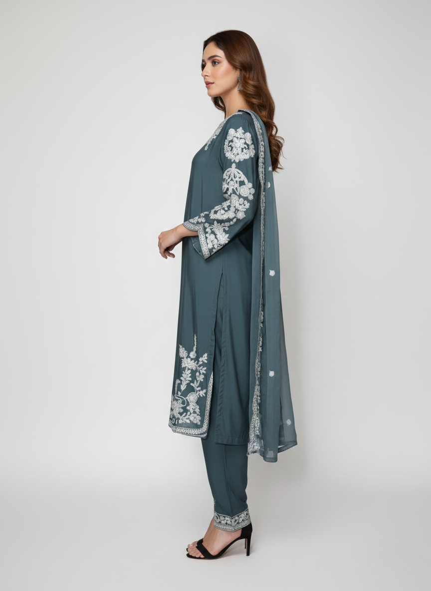 3 pc Embroidered Arabic linen dress