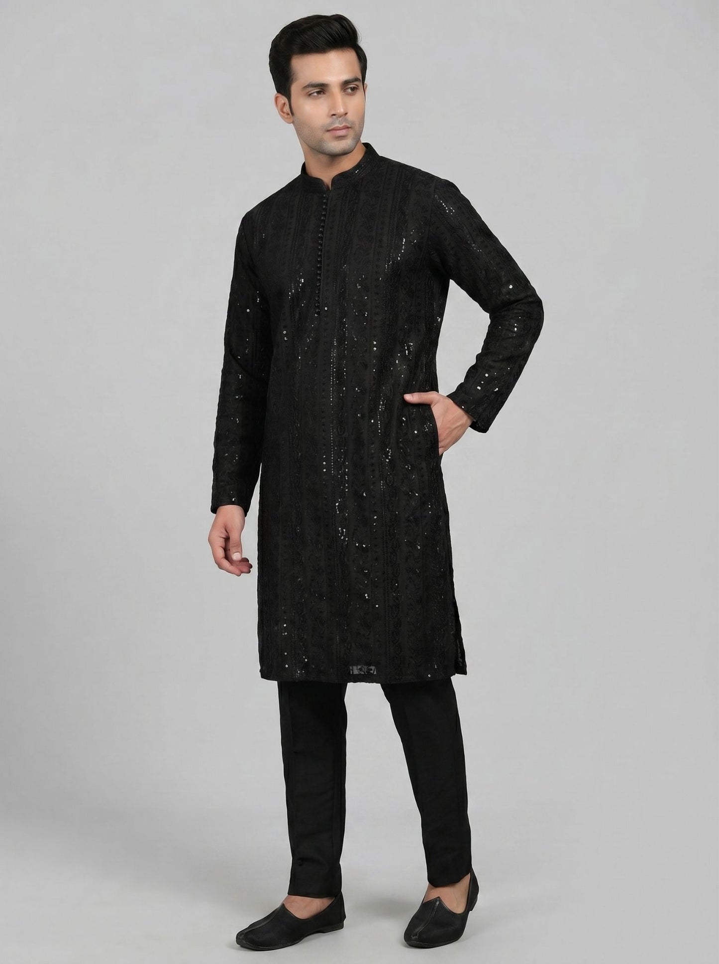 Fancy Kurta Pajama. Sitara and thread work across front and back of Kurta