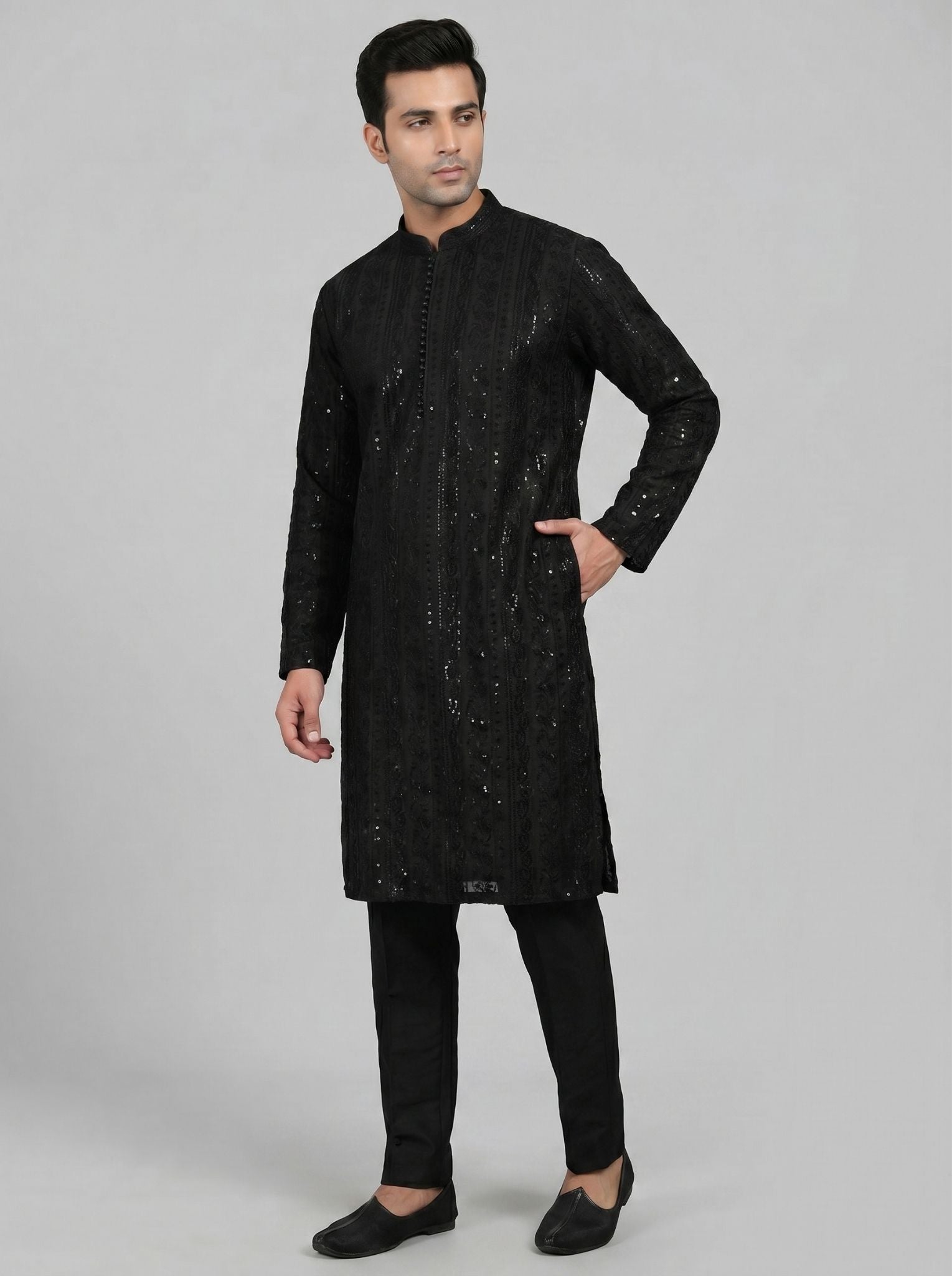 Fancy Kurta Pajama. Sitara and thread work across front and back of Kurta
