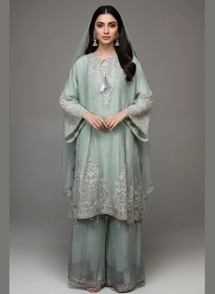 3 pcs Sharara with Embroidery and Sitara Work