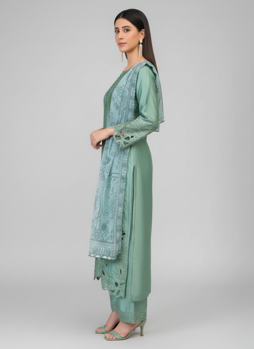 3 pc silk cutwork dress