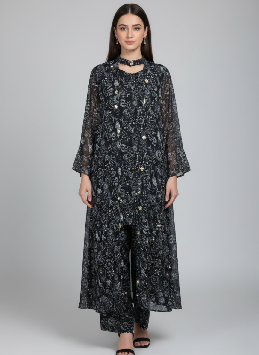 Front open 3 pc Chiffon Gown dress