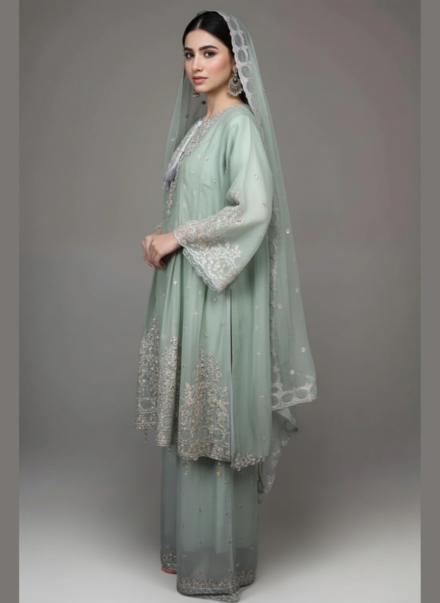 3 pcs Sharara with Embroidery and Sitara Work
