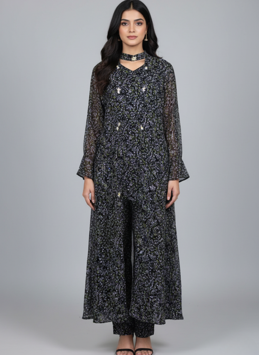 Front open 3 pc Chiffon Gown dress