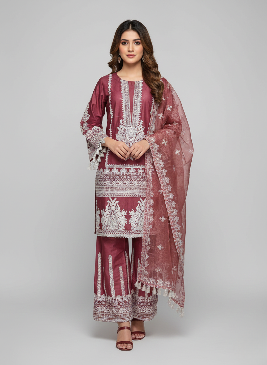 3 pcs cotton dress with sitara and pearl work