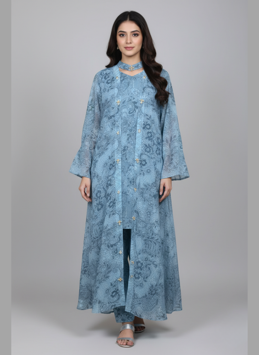 Front open 3 pc Chiffon Gown dress