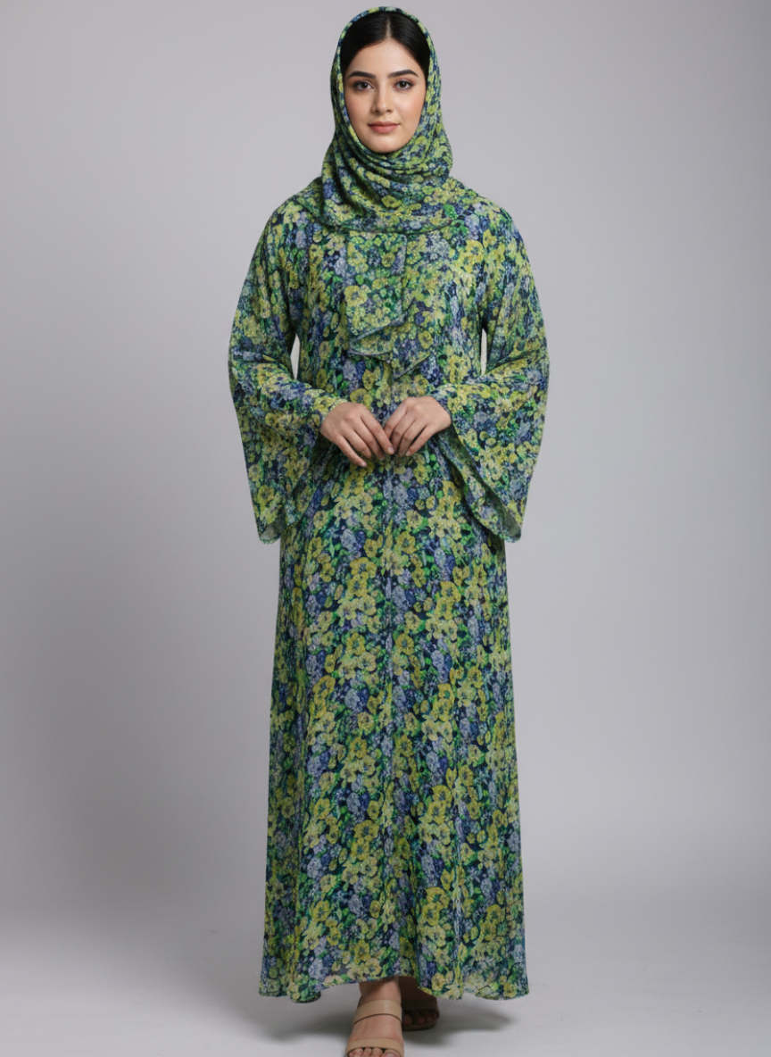 Chiffon printed Straight Abaya with separate upper and inner