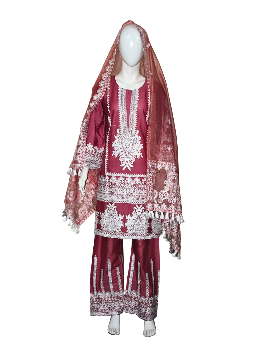 3 pcs cotton dress with sitara and pearl work