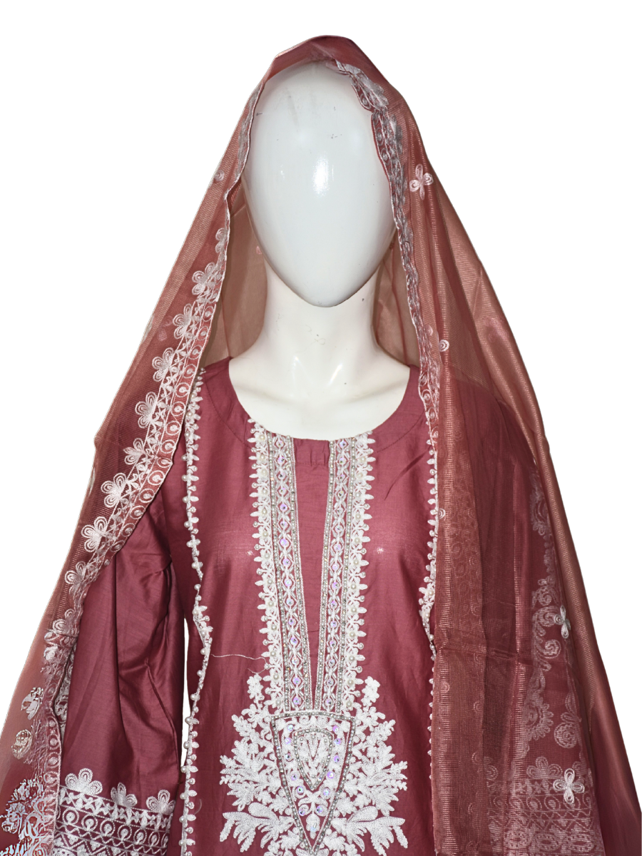 3 pcs cotton dress with sitara and pearl work