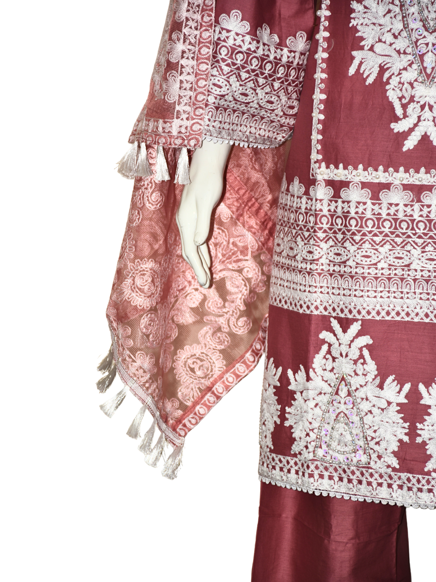 3 pcs cotton dress with sitara and pearl work