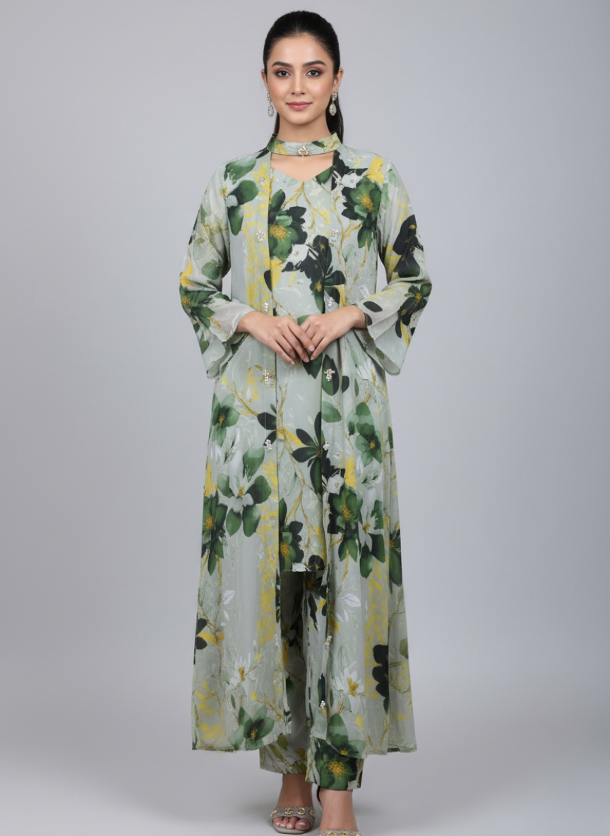 Front open 3 pc Chiffon Gown dress