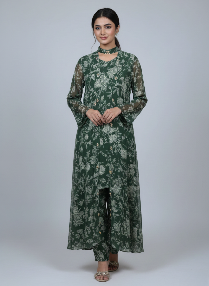 Front open 3 pc Chiffon Gown dress