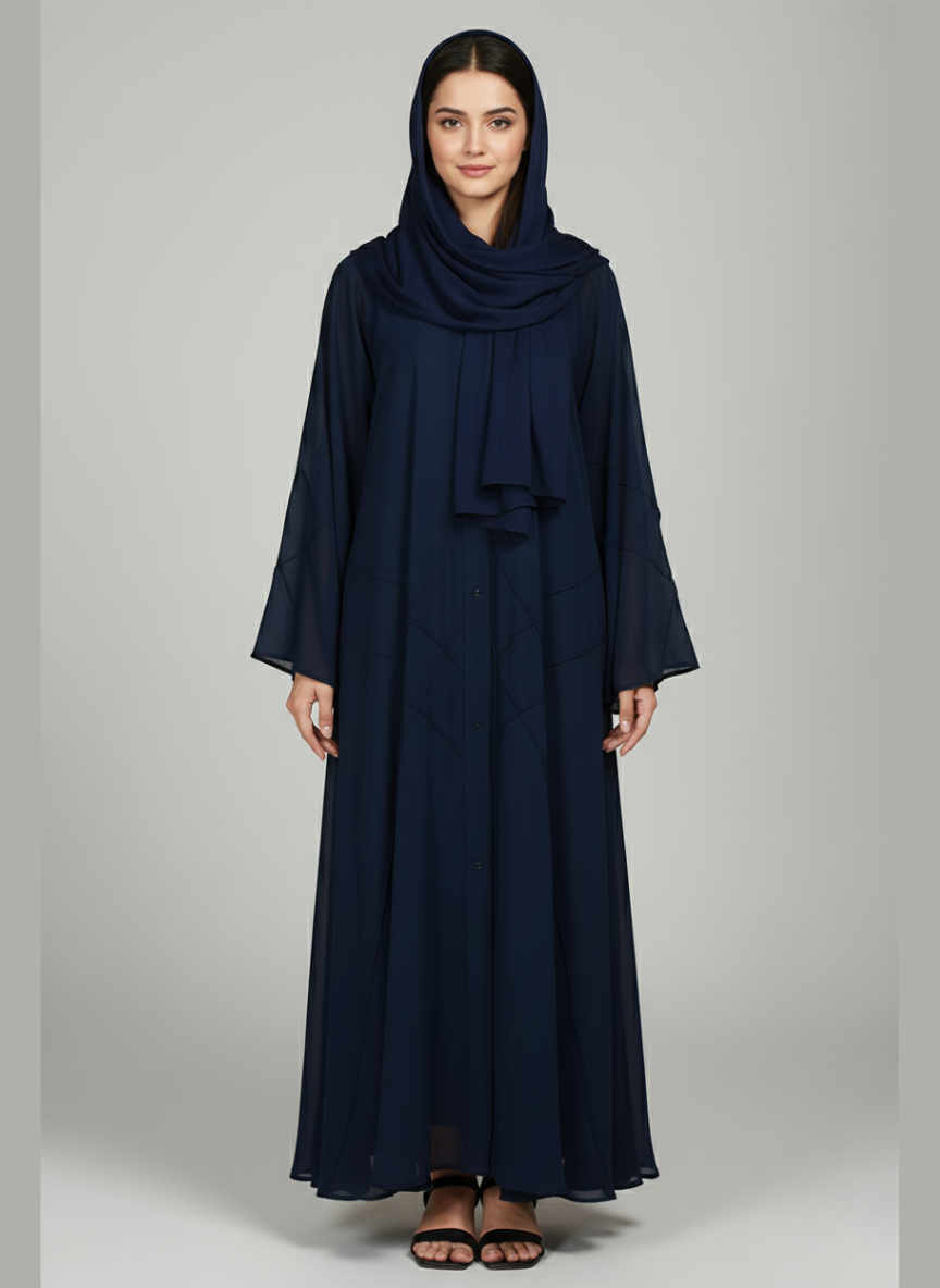 Front open Gown Style Chiffon Abaya with scarf