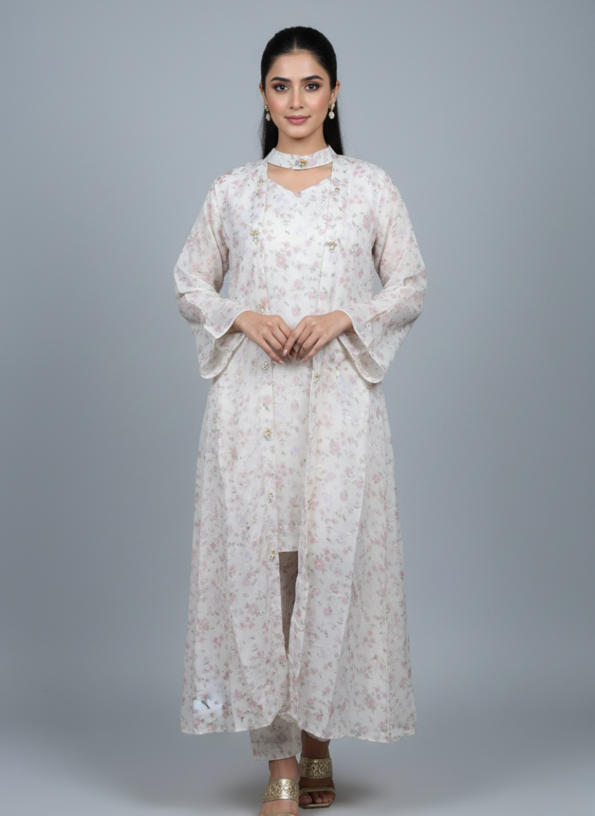 Front open 3 pc Net Chiffon Gown dress