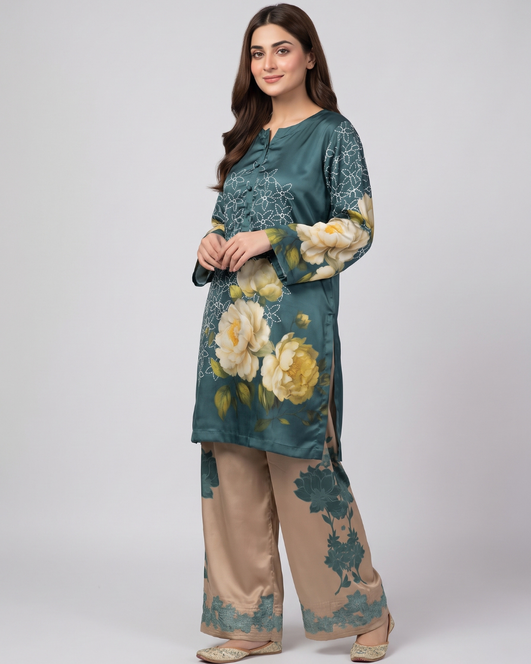Two pc silky floral dress with plazo