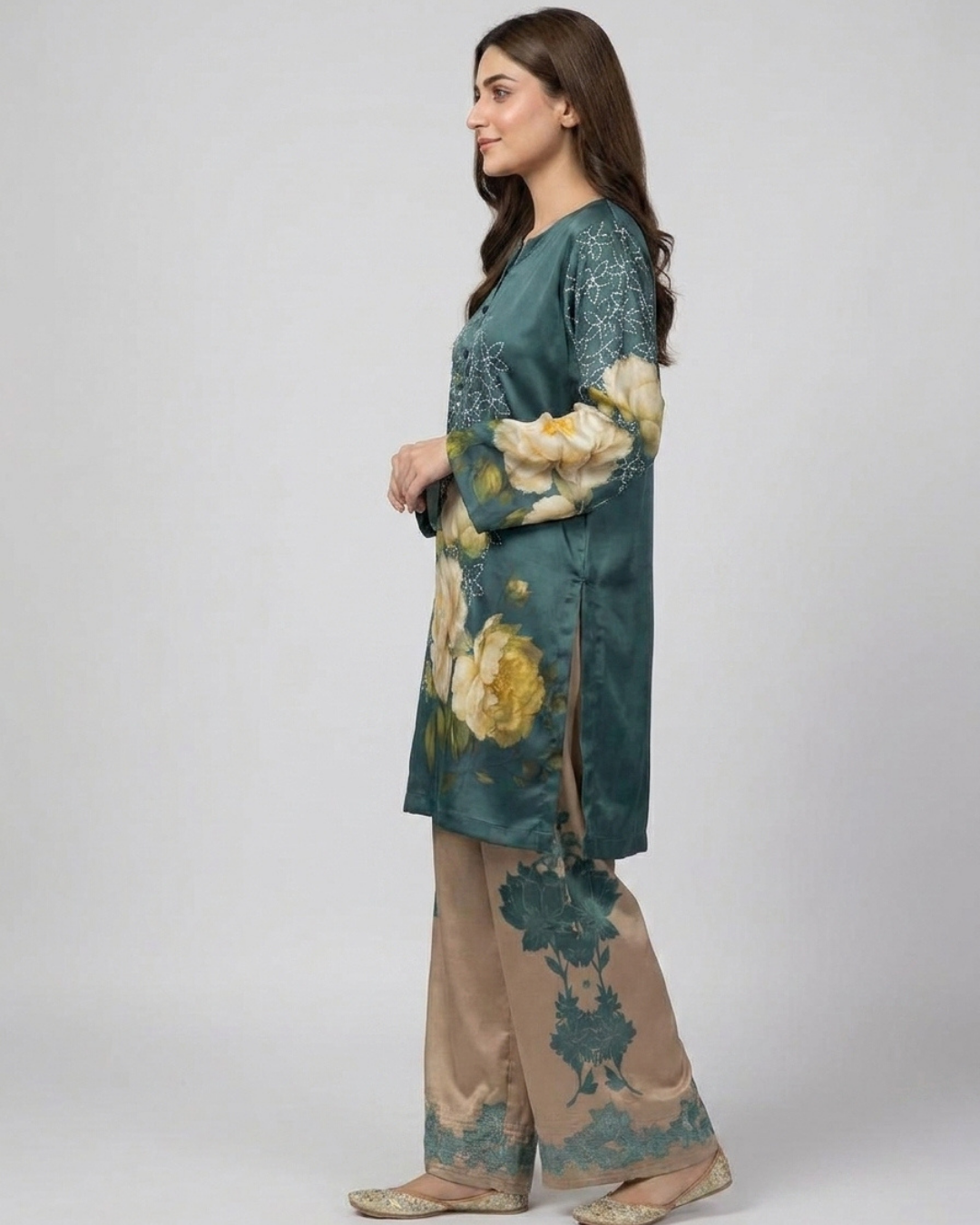 Two pc silky floral dress with plazo