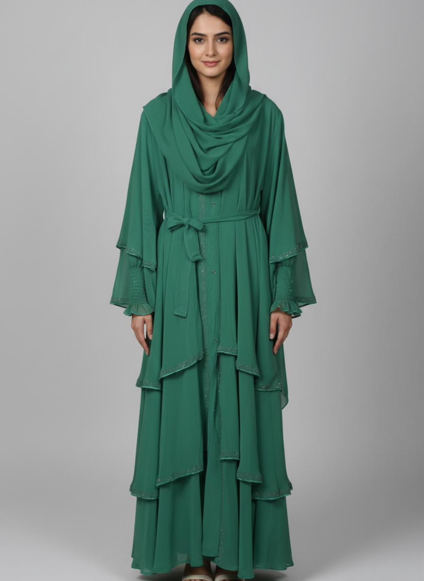 Three layered chiffon Abaya with Silver stone work