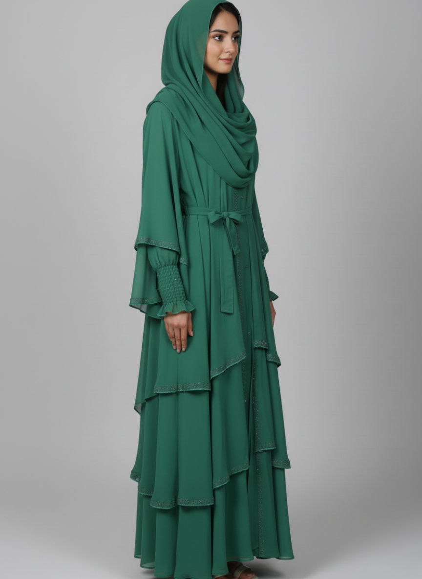 Three layered chiffon Abaya with Silver stone work