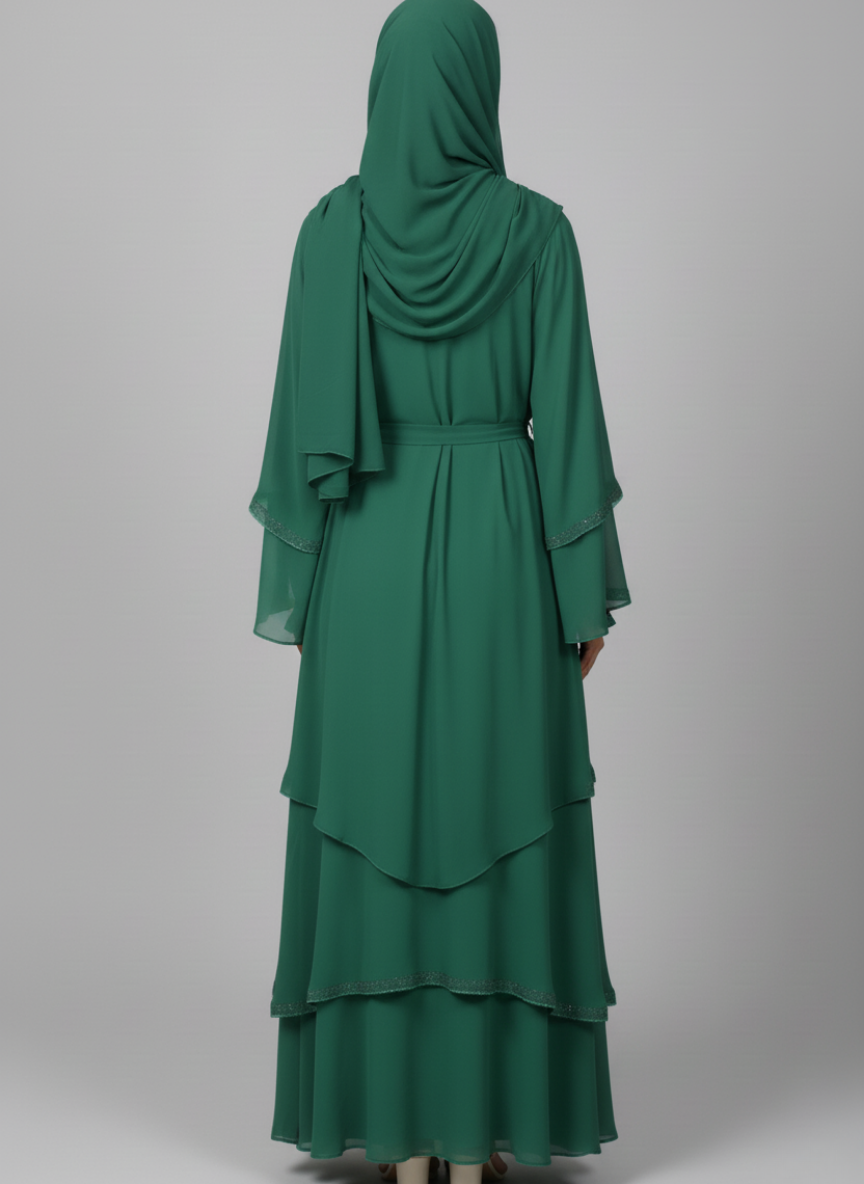 Three layered chiffon Abaya with Silver stone work