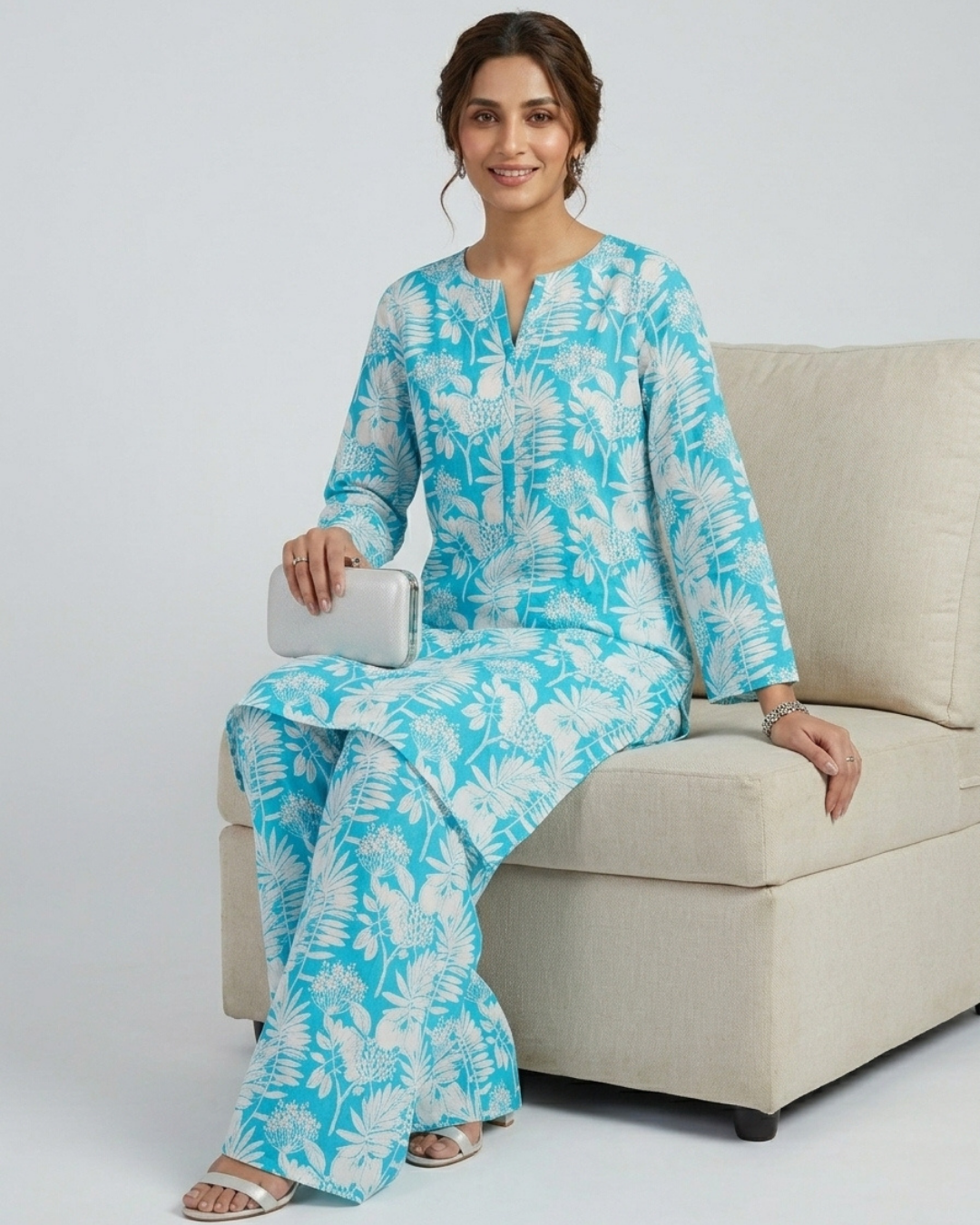 2 pc linen floral dress with plazo