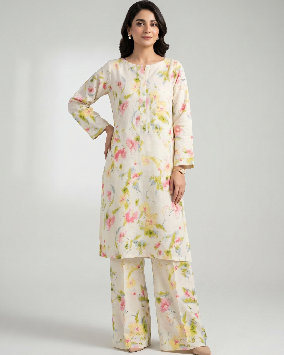 2 pc linen floral dress with plazo