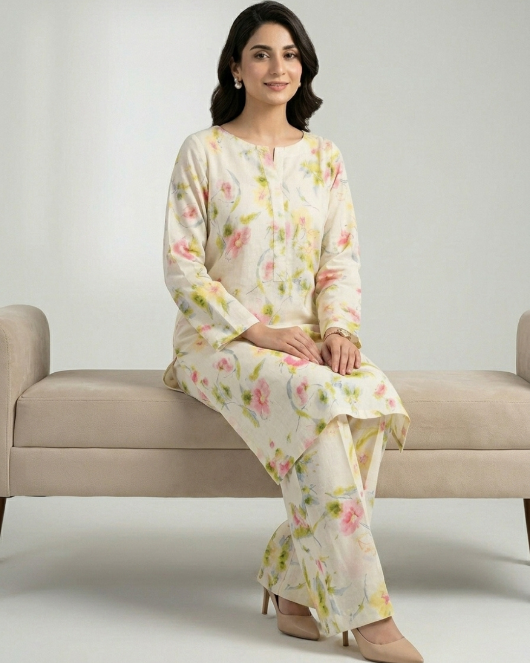 2 pc linen floral dress with plazo