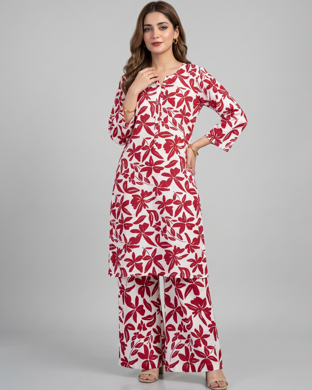 2 pc linen floral dress with plazo