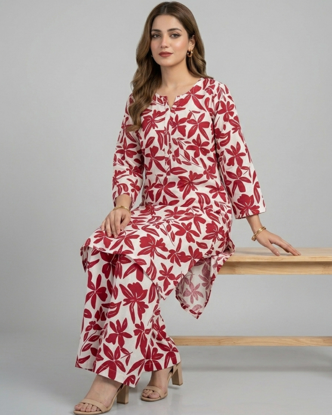 2 pc linen floral dress with plazo
