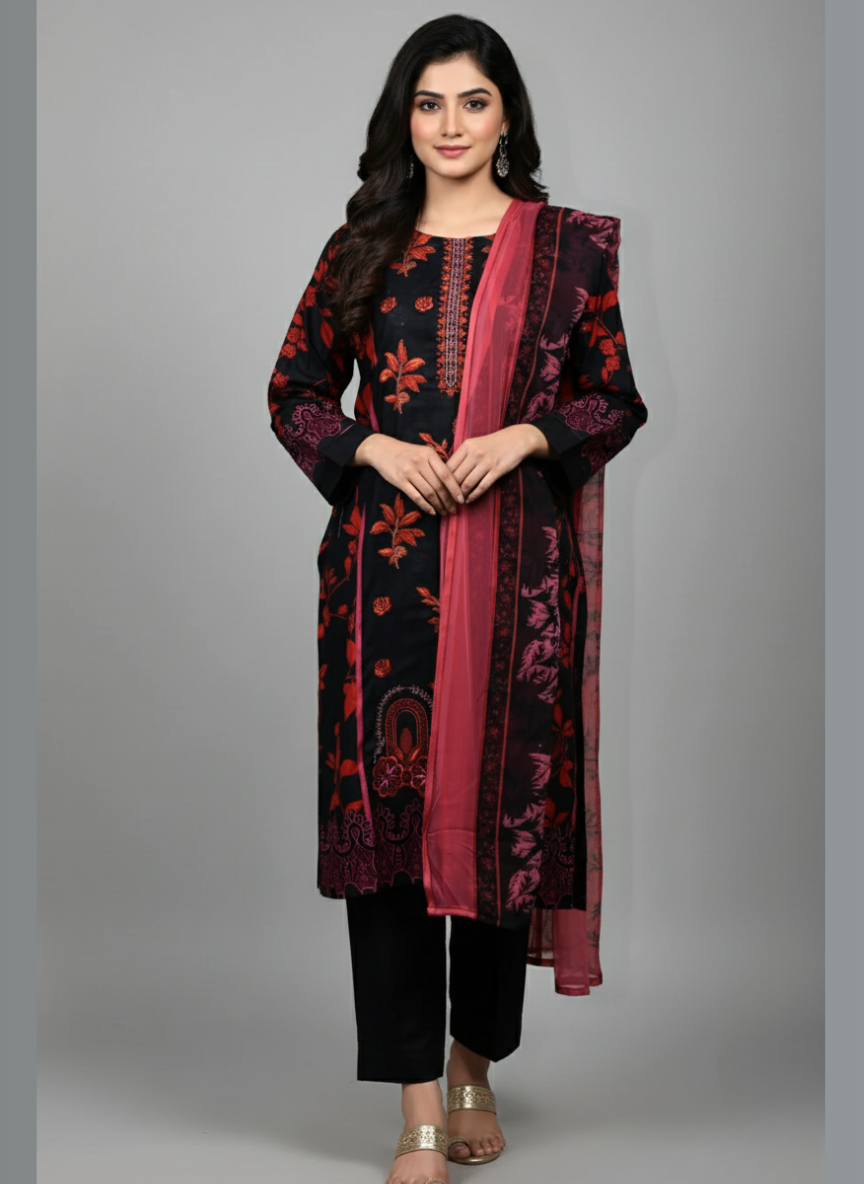 3 pc Embroidered lawn dress with Chiffon Dupatta
