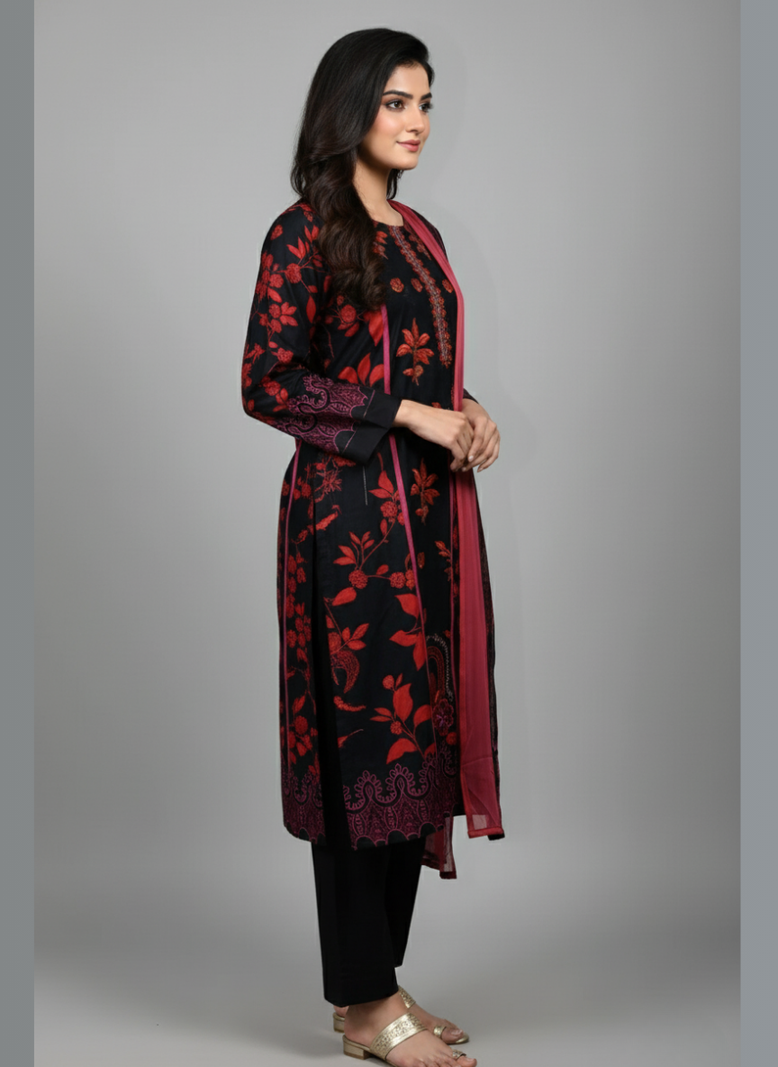 3 pc Embroidered lawn dress with Chiffon Dupatta