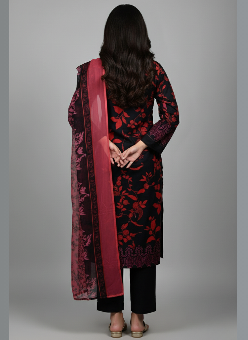 3 pc Embroidered lawn dress with Chiffon Dupatta