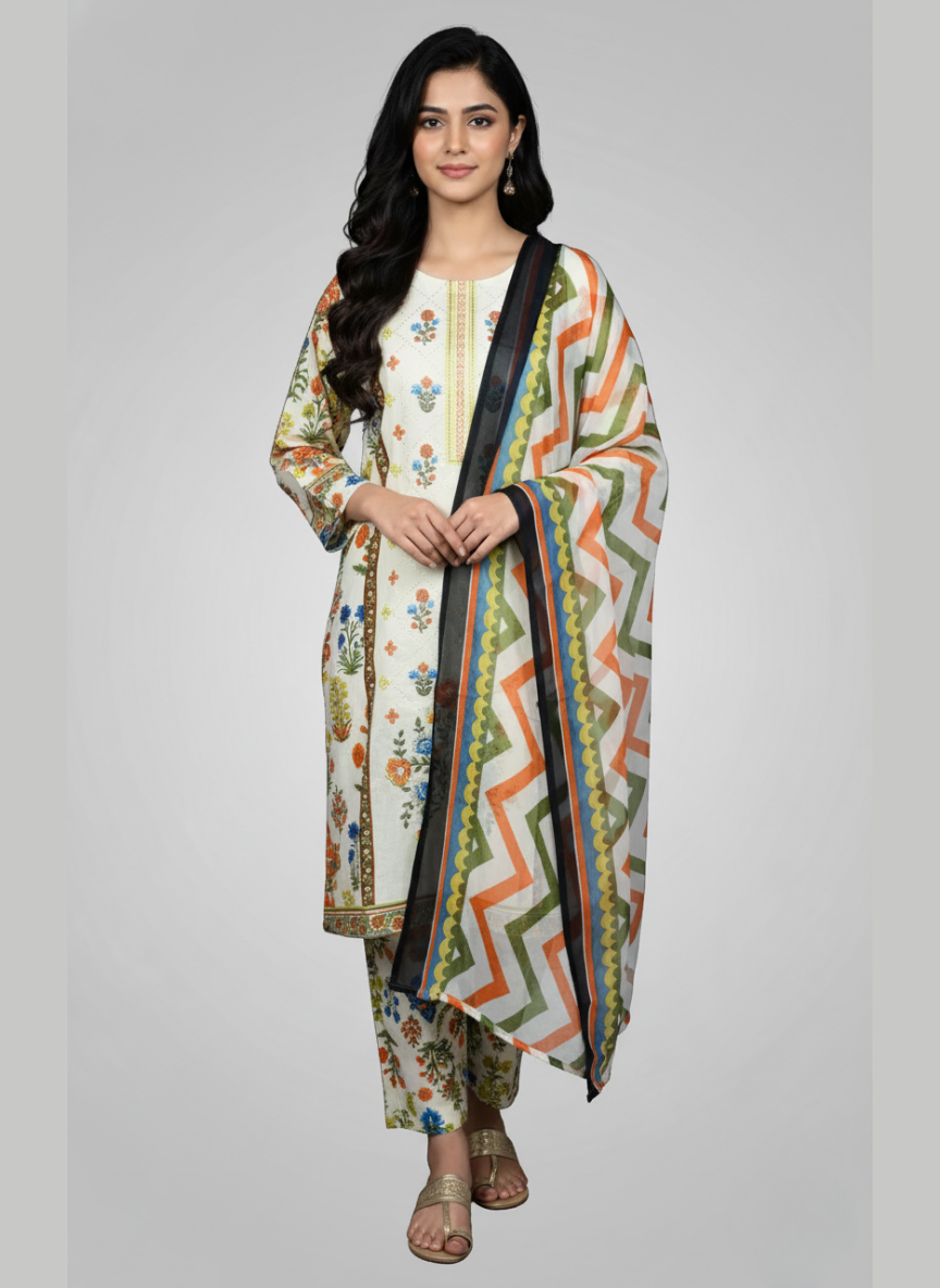 3 pc Embroidered lawn dress with Chiffon Dupatta
