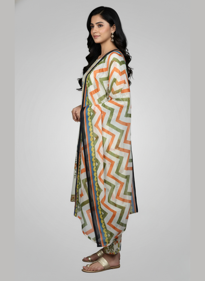 3 pc Embroidered lawn dress with Chiffon Dupatta