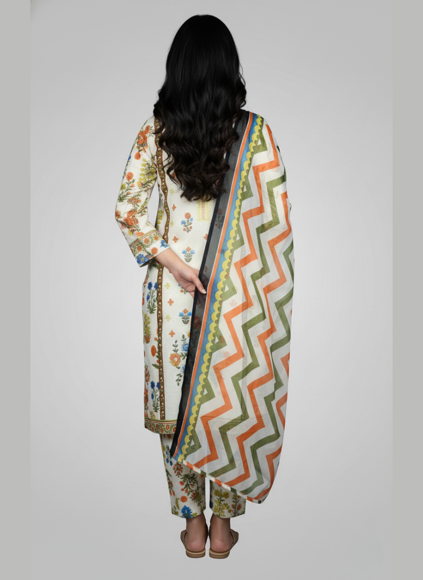 3 pc Embroidered lawn dress with Chiffon Dupatta