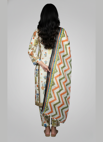 3 pc Embroidered lawn dress with Chiffon Dupatta