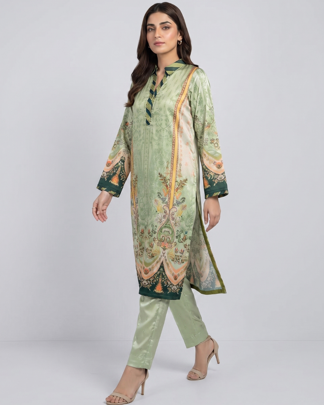 Luxury 2 Piece Self Print Silk Long Shirt & Trouser Set
