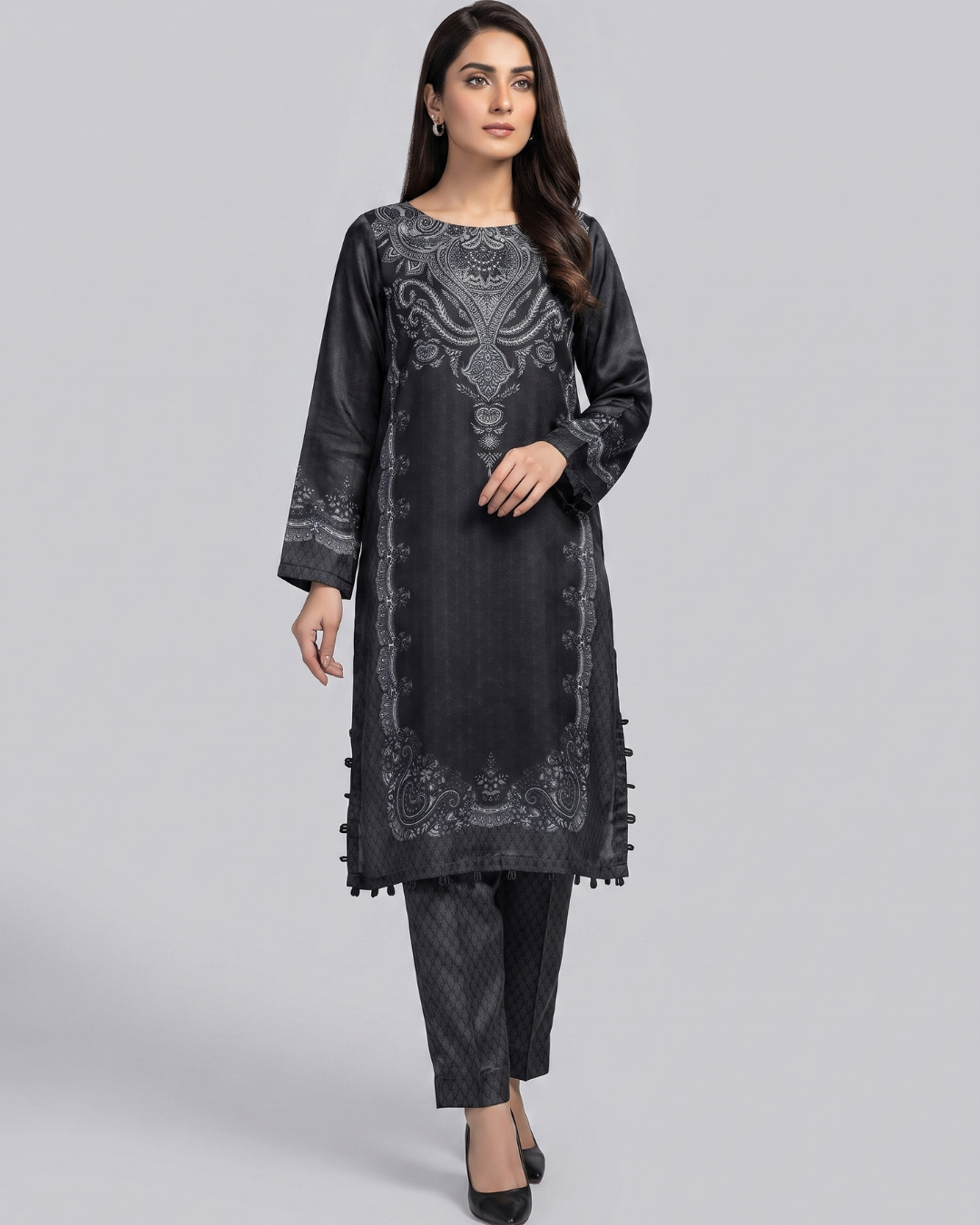 Luxury 2 Piece Self Print Silk Suit with Stone Embellishments