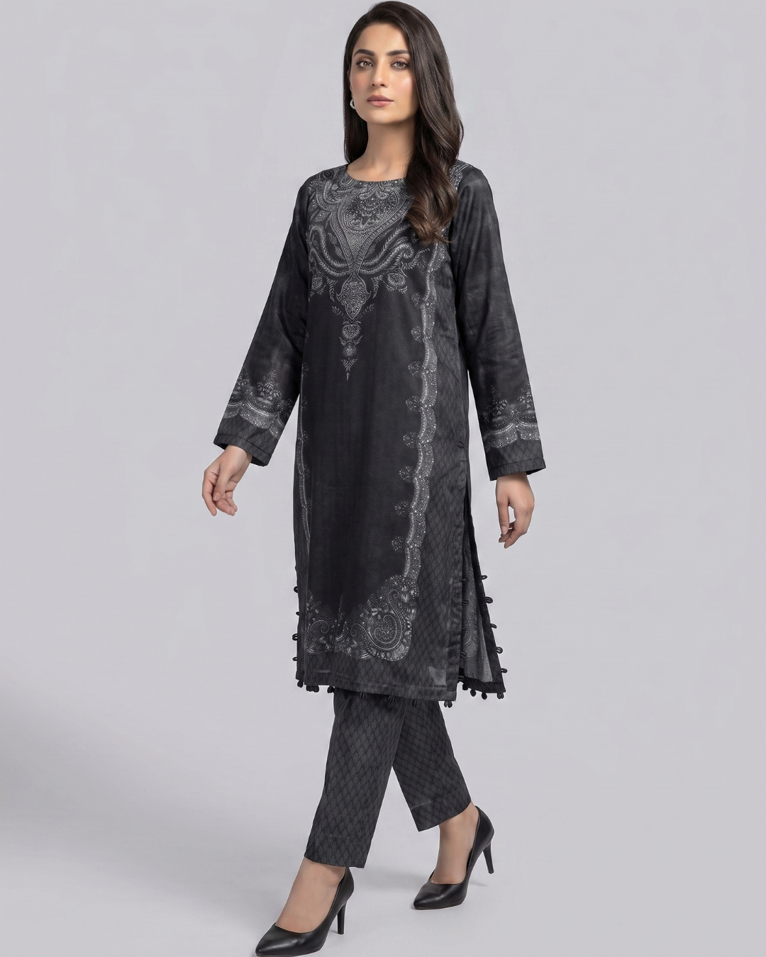 Luxury 2 Piece Self Print Silk Suit with Stone Embellishments