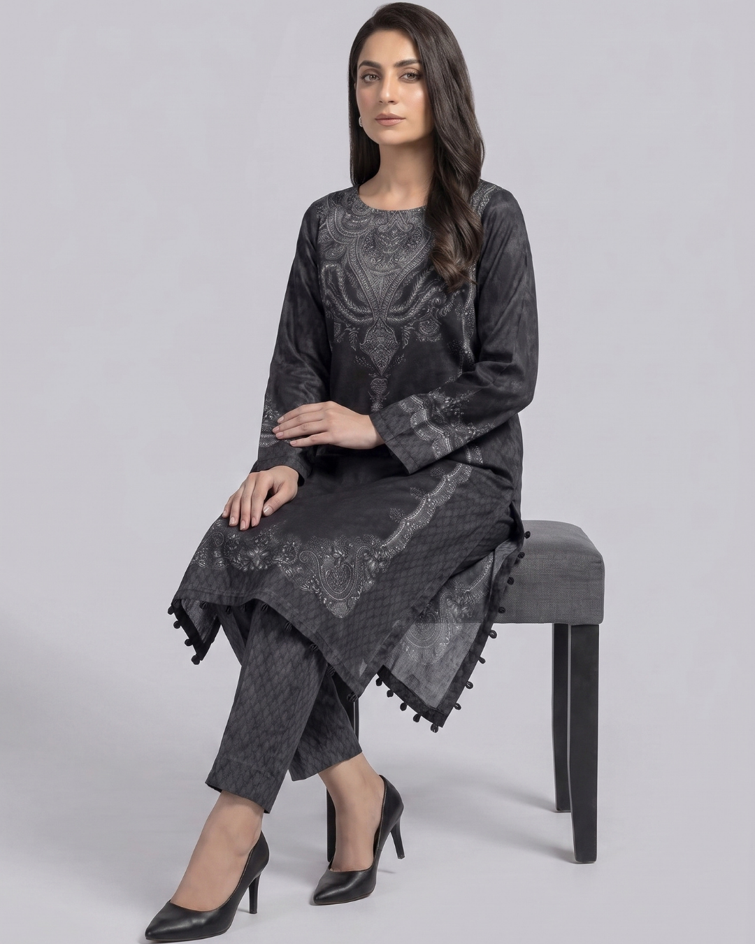 Luxury 2 Piece Self Print Silk Suit with Stone Embellishments