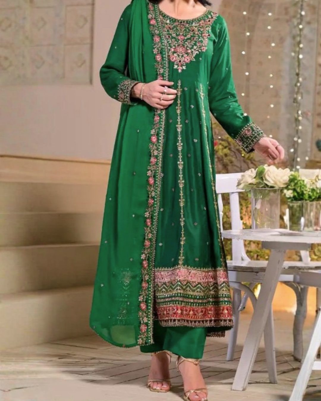 Women's 3 Piece Luxury Raw Silk Long Frock – Indian Green