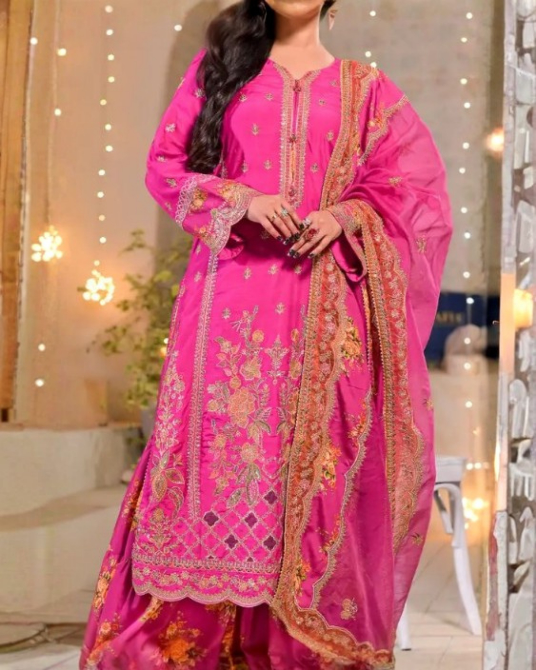 Women's 3 Piece Printed Raw Silk Embroidered Gharara Suit – Fuchsia Pink