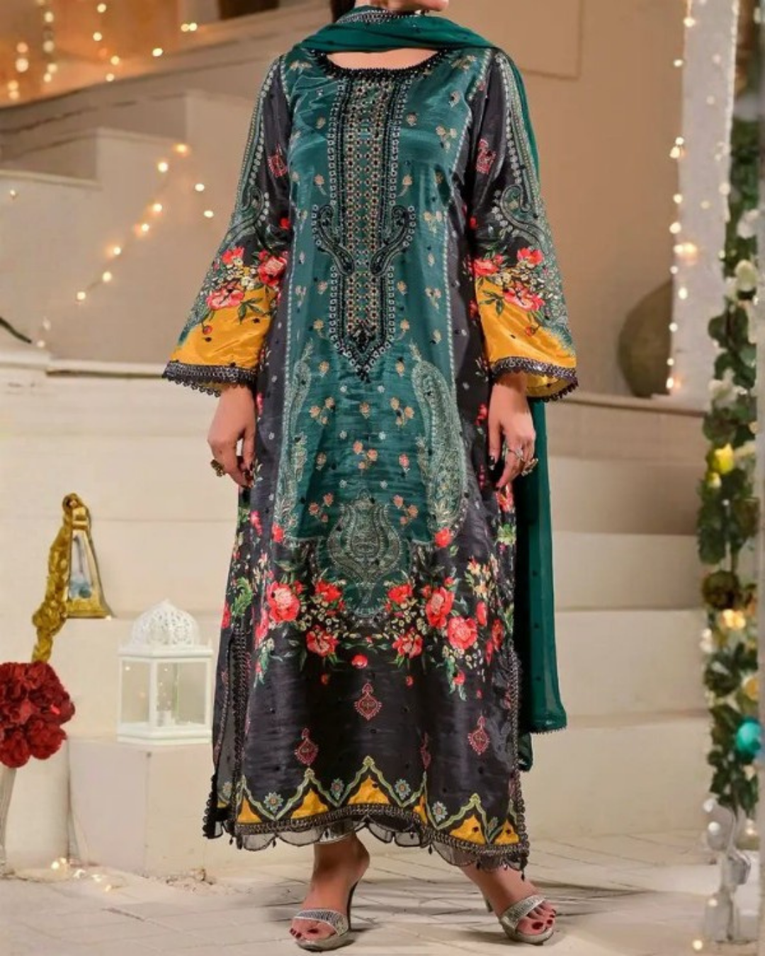 Women's 3 Piece Printed Raw Silk Long Dress – Black
