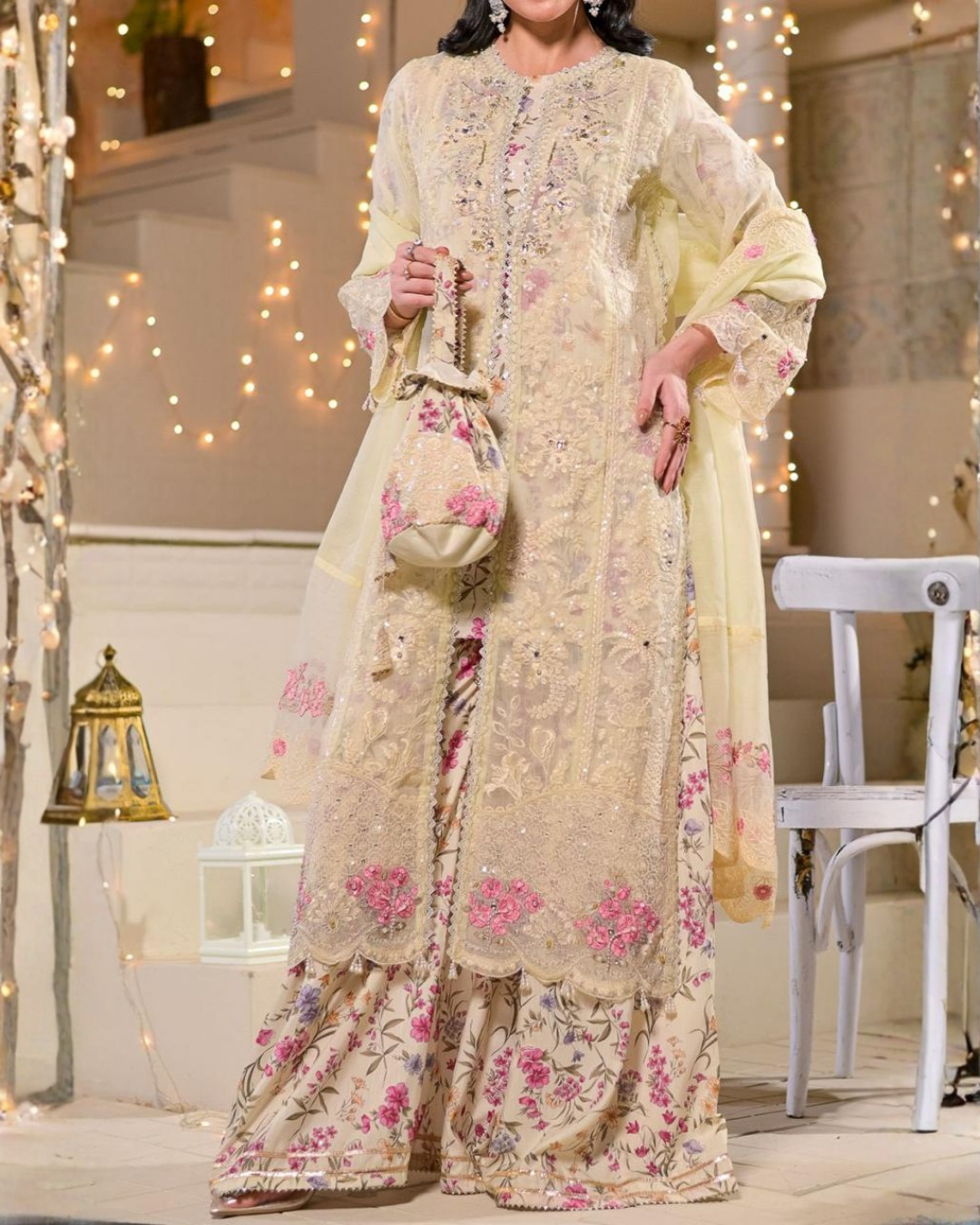 Women's 3 Piece Fancy Slub Organza Gown with Sharara – Off White
