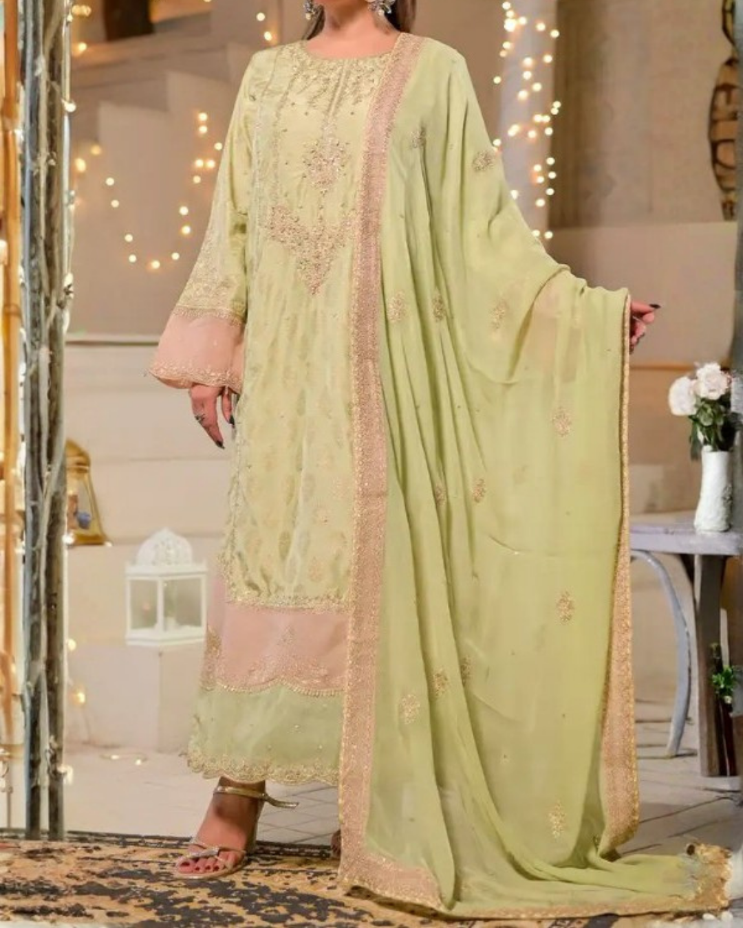 Women's 3 Piece Fancy Jacquard Long Dress – Pistachio